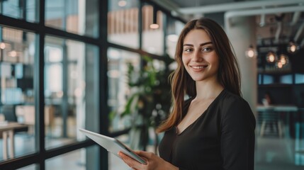 Smiling Woman Holding Tablet