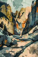 A weathered mountain pass rendered in pop art, emphasizing textures and bold lines