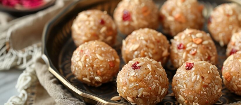 A metal pan filled with delicious food, including Meva Ladoo