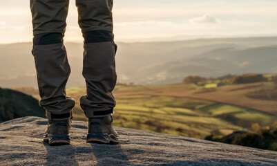 feet of man in boots reaching destination at sunset Travel Lifestyle concept