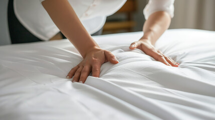 close up of hands, woman putting on bed sheets