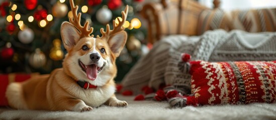 Festive corgi dog in antlers and sweater