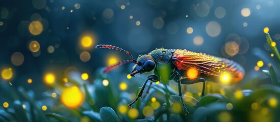 A vibrant bug, resembling a firefly, perched on top of a dense, green field.