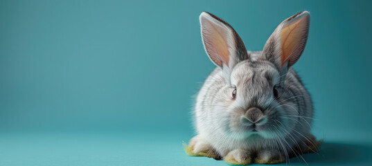 Photo of a grey rabbit on a blue background. Created with Ai