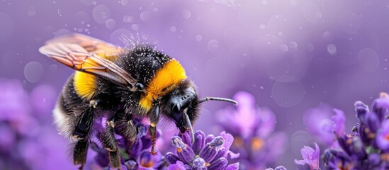 A red tailed bumblebee perched on top of a vibrant purple flower, pollinating and collecting nectar.