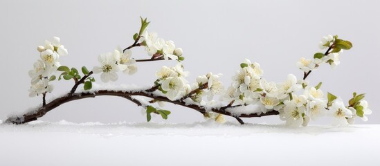 White Flowers on Branch Covered in Snow