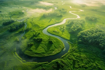 Aerial view of a lush green meadow bathed in golden morning light, with a winding river snaking through it