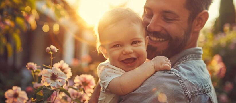 A man joyfully holds a baby in his arms, both smiling in a heartwarming embrace.