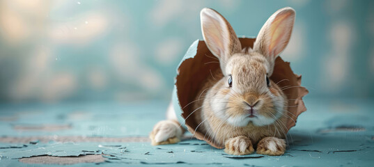 A cute bunny is sitting in the hole of an Easter egg, with its head sticking out and looking at the camera. Created with Ai
