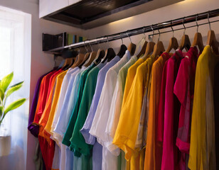Fototapeta premium Colorful shirts on hangers in wardrobe. Wardrobe interior design