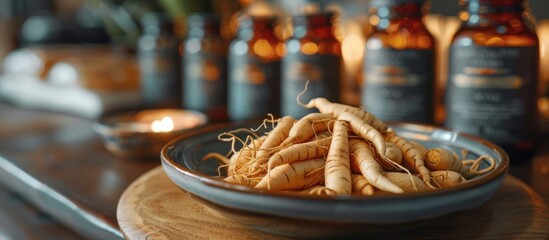 Red ginseng on dish with medicine for immunity