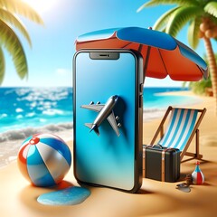 Smartphone with Plane Icon and Vibrant Beach Accessories - obrazy, fototapety, plakaty