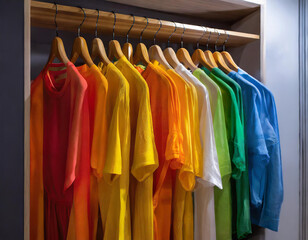 Colorful shirts on hangers in wardrobe. Wardrobe interior design