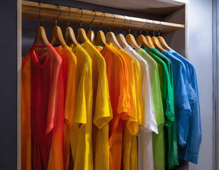 Fototapeta premium Colorful shirts on hangers in wardrobe. Wardrobe interior design