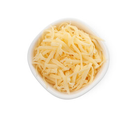 Tasty grated cheese in bowl isolated on white, top view