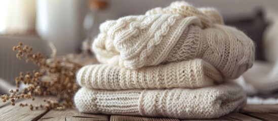 Stack of White Sweaters on Wooden Table