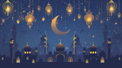Moon banner and lantern. Islamic Greeting Cards, Ramadhan.Ramadan background