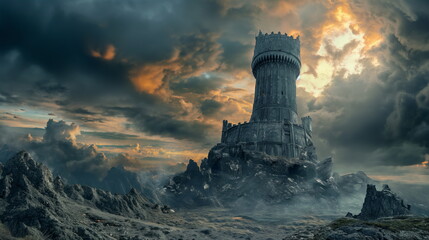 A lone castle tower stands defiant against the onslaught of the enemy horde - Powered by Adobe