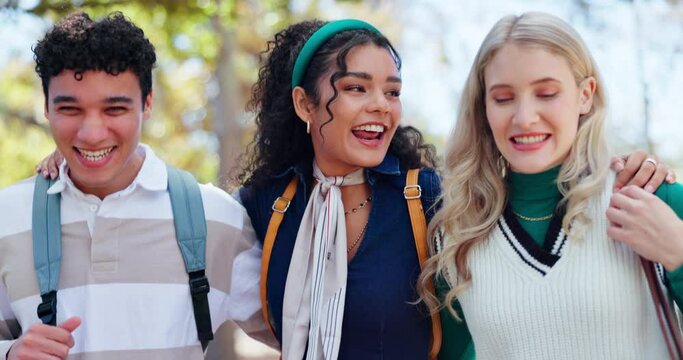 Friends, conversation and laughing together on campus, support and ready for learning at college. People, students and speaking for back to school, walking and communication for education at academy