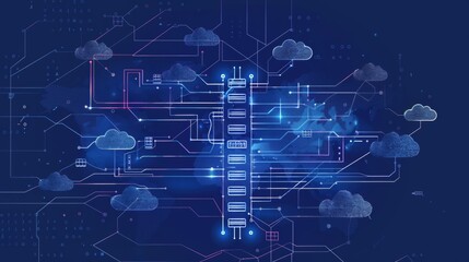 Fototapeta premium Blueprint-style flowchart representing cloud data migration, servers, storage, and network components connected by directional arrows