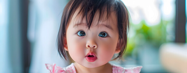 Little Asian girl opening her mouth surprised. Gesture. - obrazy, fototapety, plakaty