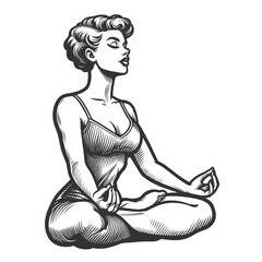 woman meditating in a classic outfit, portraying calmness and serenity sketch engraving generative ai fictional character vector illustration. Scratch board imitation. Black and white image.