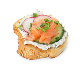 Tasty canape with salmon, cucumber, radish and cream cheese isolated on white