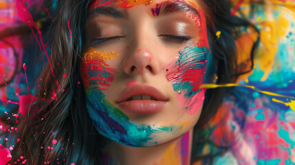 A beautiful woman adorned with colorful paint splashes on her face, forming an abstract and artistic composition, highlighting her captivating features with vibrant hues and creativity.