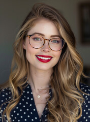 Obraz premium A close up photo of a fashion model wearing glasses and red lipstick, in a retro style, with a navy blue polka dot print shirt