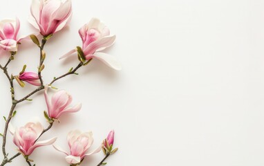 Obraz premium Photo of Magnolia branch with pink flowers on white background, free space for text