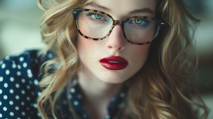 A close-up photo captures a fashion model donning retro-style glasses and bold red lipstick. She...