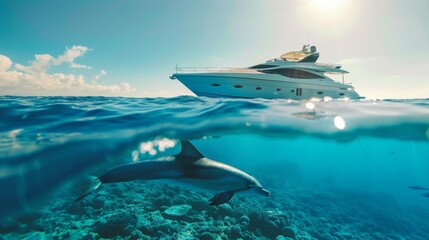 Beautiful dolphin underwater with tropical palm tree island and yacht in sea.