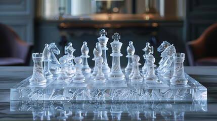 A glass chess set is on a table - obrazy, fototapety, plakaty