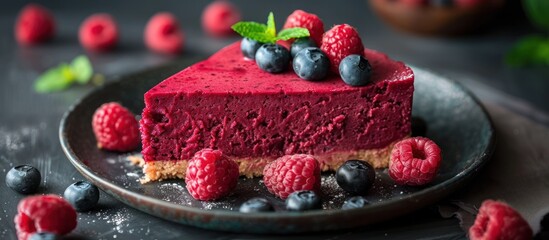 Vegan Red Cheesecake With Berries on Plate
