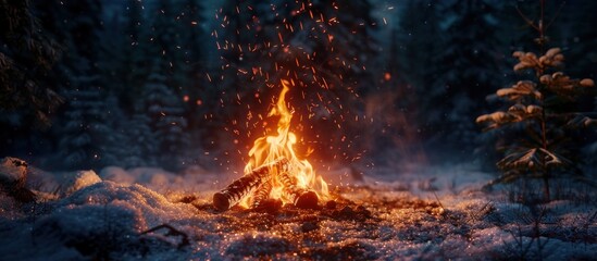 A bonfire crackles in the snowy forest at night, casting a warm glow amidst the winter landscape.