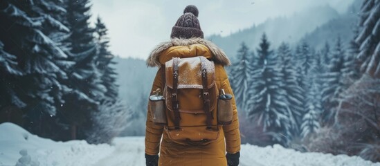 Person Hiking Snowy Forest With Backpack