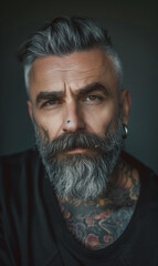 Fototapeta premium A handsome middle-aged man with short hair and a beard, silver-gray hair color, and expressive eyes stands out with tattoos adorning his neck and ears, exuding a distinctive and confident style.
