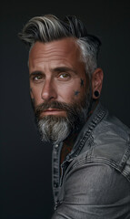 Obraz premium A handsome middle-aged man with short hair and a beard, silver-gray hair color, and expressive eyes stands out with tattoos adorning his neck and ears, exuding a distinctive and confident style.