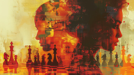 A woman's face is shown in a painting of a chess board