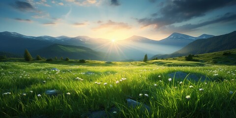 Fresh spring grass sprouts in rays of back rising sun beautiful mountain landscape, concept of Green growth