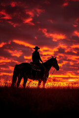 A rider on horseback, silhouetted against a fiery evening sky