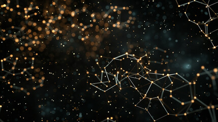 Starry black sky with intricate molecular networks Tiny glowing polygons scattered like stars, representing advanced molecular frameworks.
