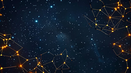 Starry night background with intricate tiny molecular designs in black glowing small polygonal connections set against a deep night sky, symbolizing the mystery and beauty of the cosmos.