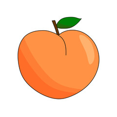 Ripe peach fruit with leaf, cartoon icon isolated on white, summer fruit vector