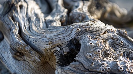 Close-up of textured driftwood washed ashore, with barnacles and weathered patterns telling a story...