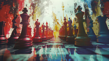 A row of chess pieces are on a board with a splash of color - obrazy, fototapety, plakaty