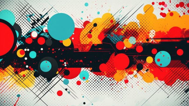 A vibrant abstract background featuring a playful dance of colorful circles and dots