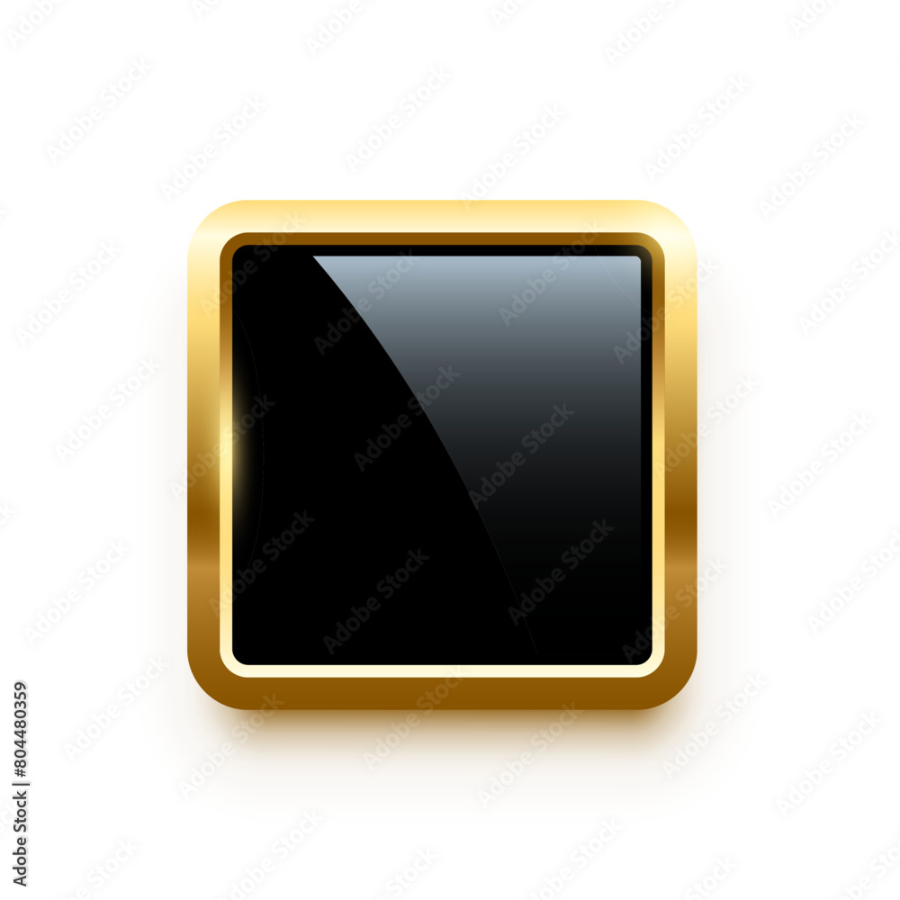 Wall mural black square button with golden frame vector illustration. 3d glossy elegant design for empty label,