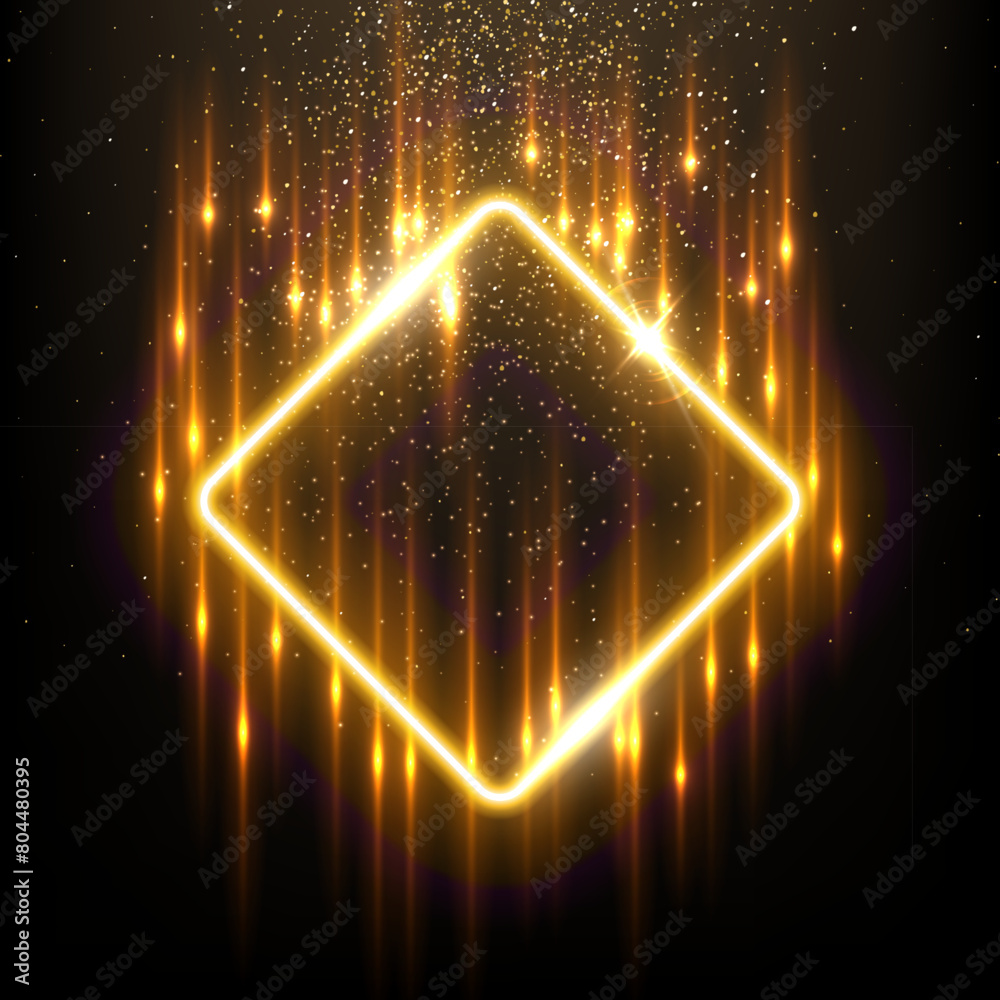 Wall mural gold square shape border with flash rays and sparks vector illustration. realistic 3d shiny golden f