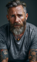 A handsome middle-aged man with short hair and a beard, silver-gray hair color, and expressive eyes stands out with tattoos adorning his neck and ears, exuding a distinctive and confident style.